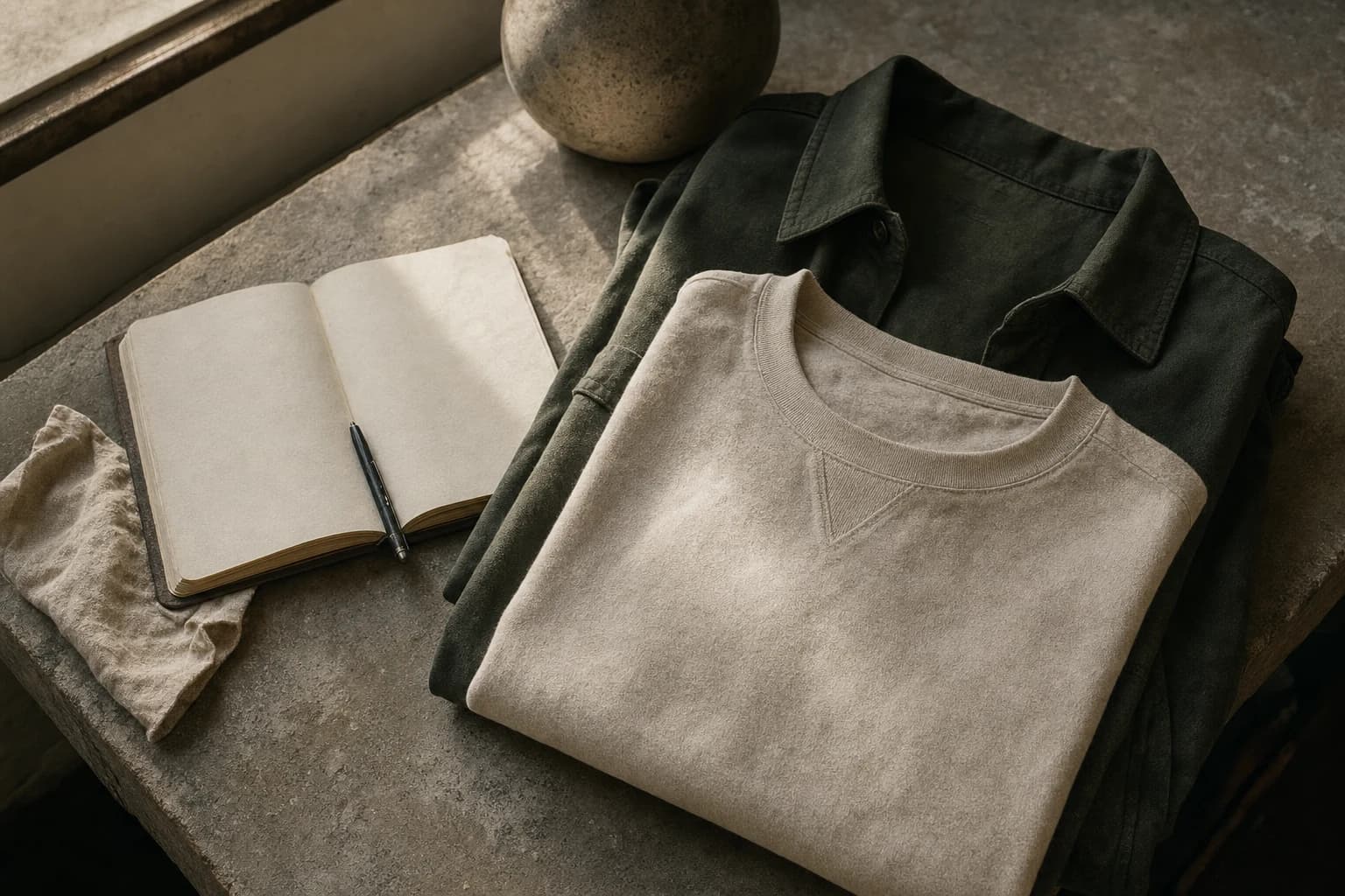 Folded cotton apparel and an open notebook on a stone surface