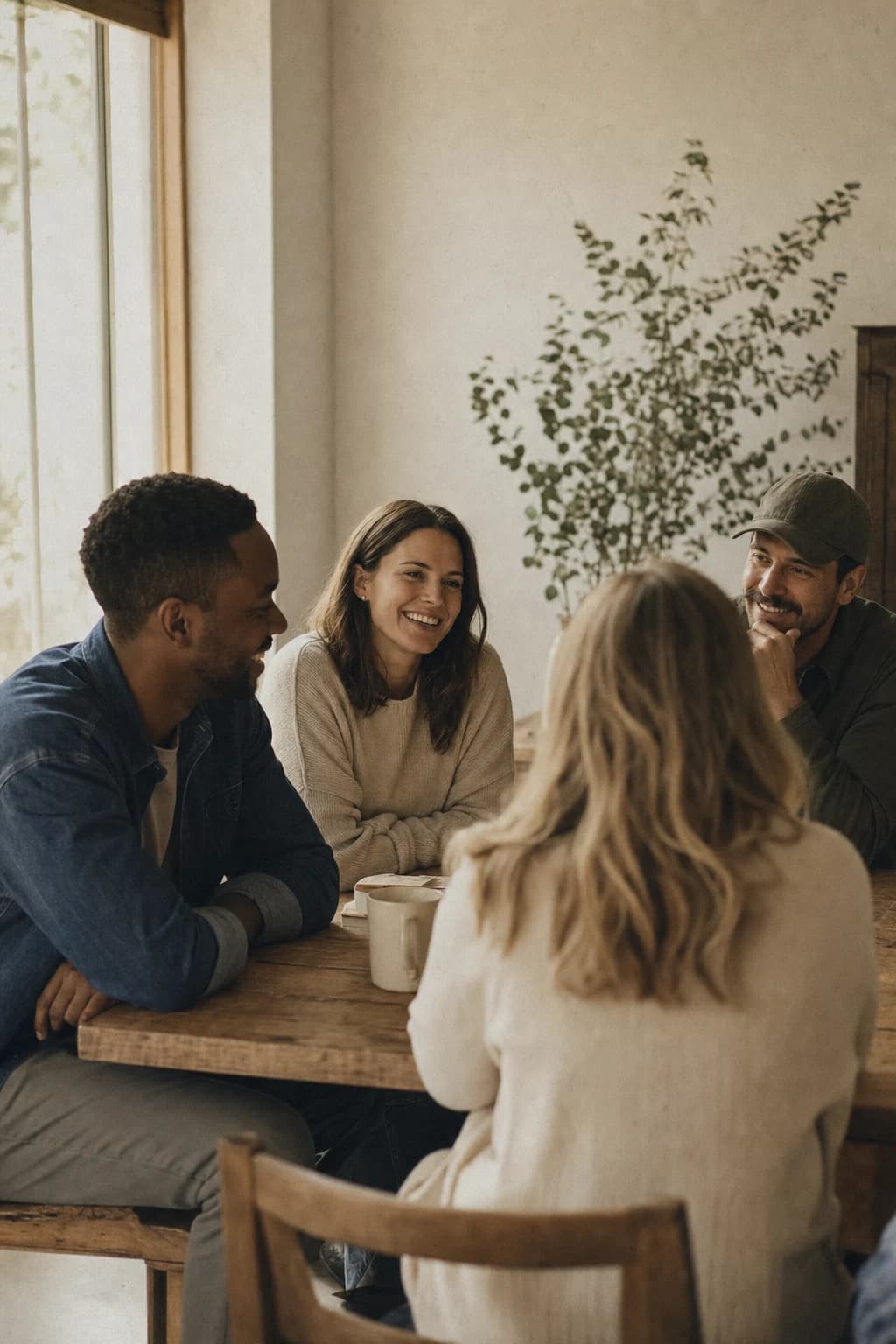 A welcoming group gathered around a table in conversation