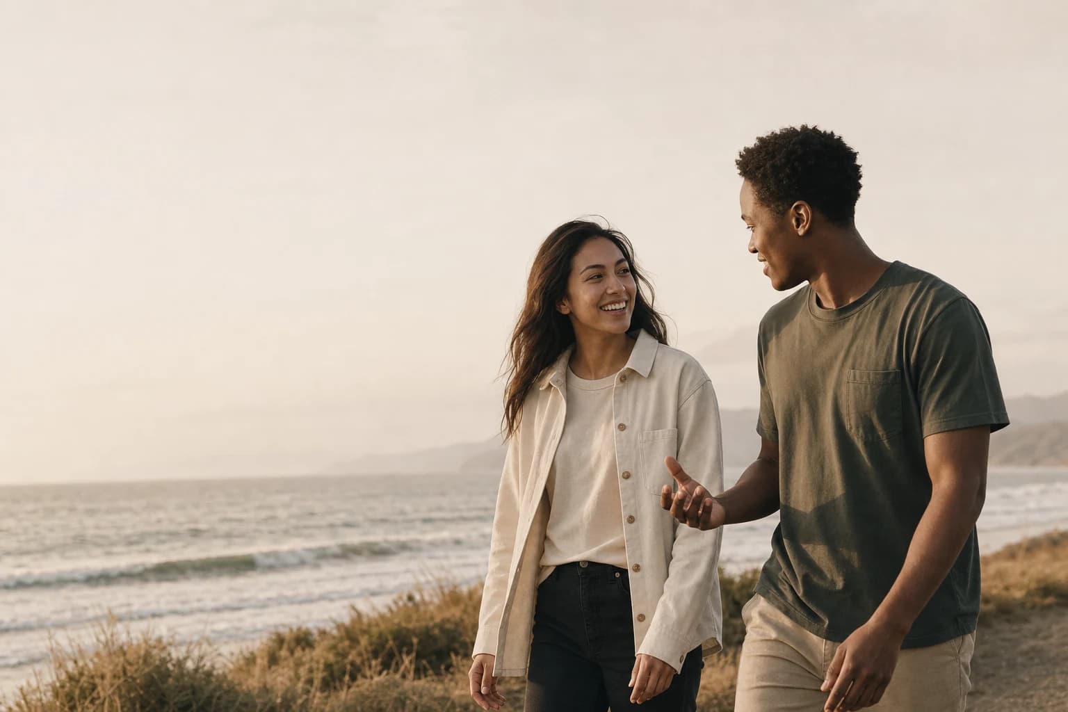 Two friends walking together and talking beside the ocean